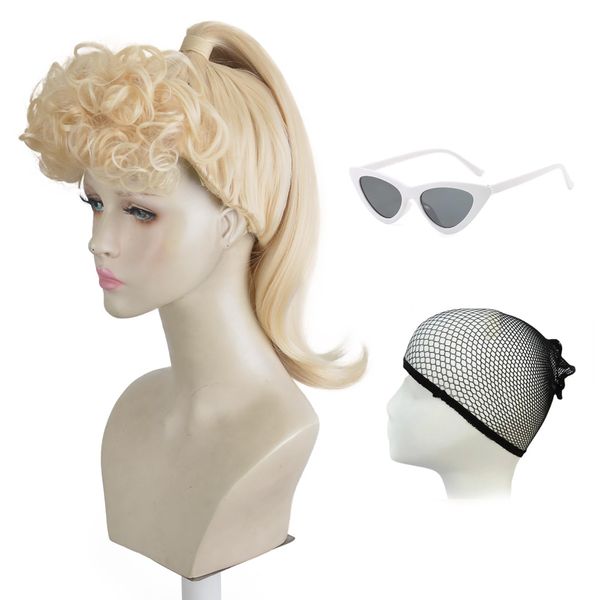 Aeilene Blonde Wig for Women, Long Blonde Ponytail Wig with Curly Bangs, Blonde Pigtails Wig with White Sunglasses for Party Costume Halloween Cosplay(Adult)