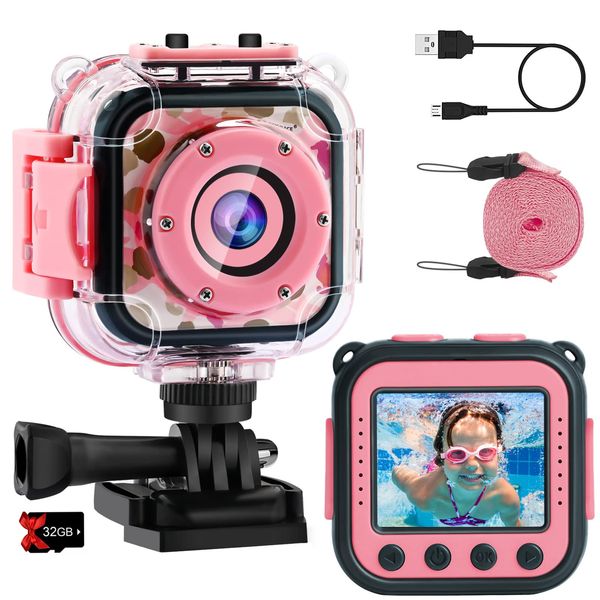 PROGRACE Kids Waterproof Camera Girls - Kids Video Camera Underwater 1080P HD Children Camcorder Digital Camera for Girls Holidays Birthday Toys Gifts 3 4 5 6 7 8 9 10 11 12 Year Old