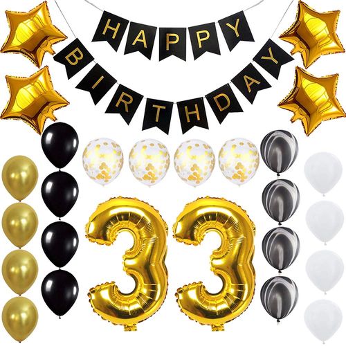 Happy 33rd Birthday Banner Balloons Set for 33 Years Old Birthday Party Decoration Supplies Gold Black