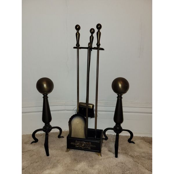 Cannonball Cast , Andiron , Fireside Brass and Iron Tool Set