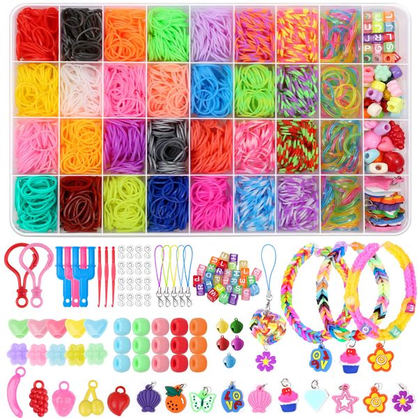 modacraft 2500PCS 32 Color Loom Bands Craft Kit for Kids, Bingle Loom Bands Starter Set with Bead/Charm/Crochet Kit for Girls, Friendship Jewellery Bracelet Maker Knitting Gift for Birthday/Christmas