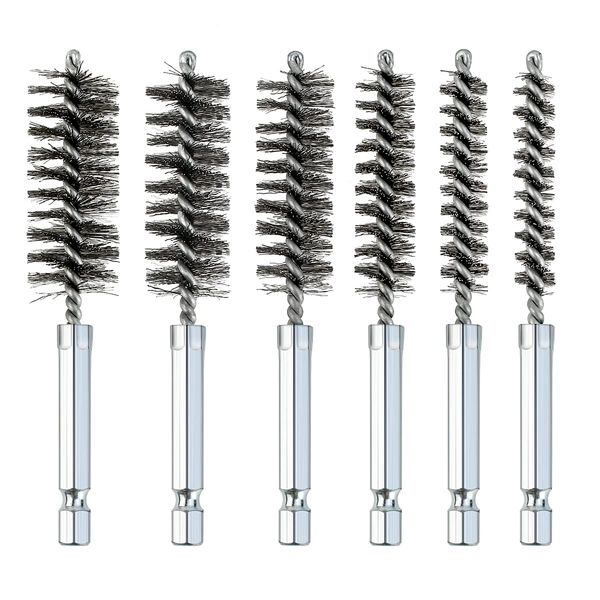 6 Pcs Stainless Steel Bore Brush with 1/4" Hex Shank Twisted Wire Bore Brushes with Different Sizes, Bristles Wire Brush Bore Cleaning Brush Set for Rust, Cleaning Tubes (8, 10, 12, 15, 17, 19mm)