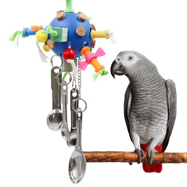 Bird Toys for Playground, Parakeet Toys with Plastic Ball Wooden Decor and Metal Spoons for Chewing, Bird Cage Accessories for African Grey Budgies Cockatiels Lovebirds Quakers Small to Medium Birds