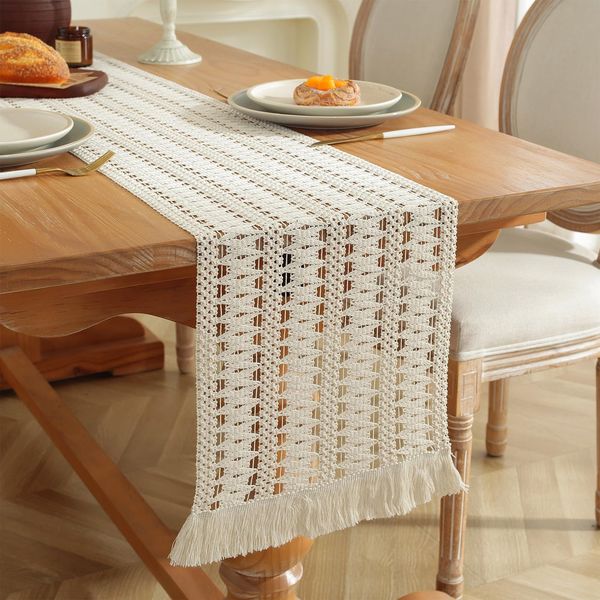 CHUQING Boho Tischläufer Beige Makramee Tischläufer Rechteckige Häkelspitze Mesh Tischdecke Table Runner Landhausstil, 30 x 160 cm