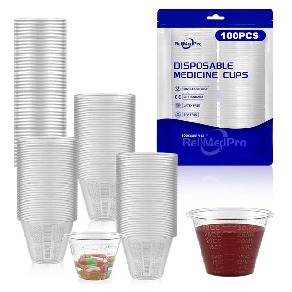 ReliMedPro Graduated Reusable Small Plastic Medicine Cups, Bulk Pack of 100, 1 OZ (30ml) Measuring Cups for Liquid Medication, Paint, epoxy, Pills and Resin