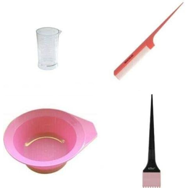 Glamsa PRO HAIRDRESSING SET/KIT PINK TINTING SILICONE BRUSH BOWL PEROXIDE MEASURE JUG COMB - Hair Dye Color Brush and Bowl Set - Perfect Tools for Hair Tint Dying Coloring Applicator with 4pcs