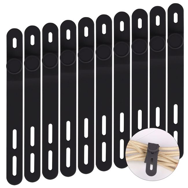 Nannlia Cord Cable Clips Organize 10 Pack Soft Feel Reusable Cable Bands Tie Ties Organizer (Black)