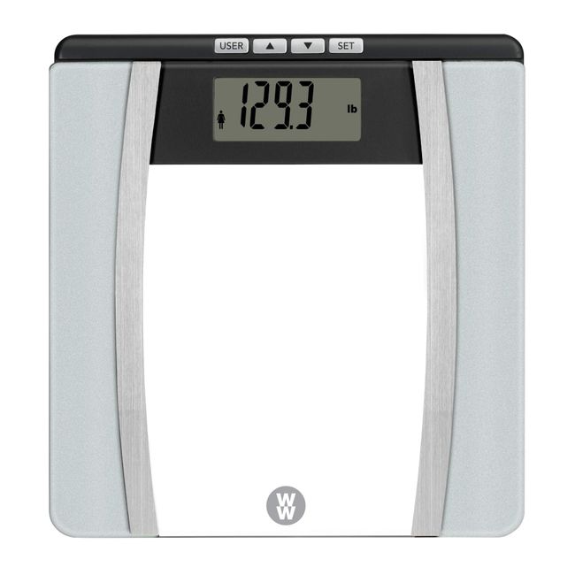 Weight Watchers Scales by Conair BathroomScale for Body Weight,Glass Digital Scale with Body Analysis Measures Body Fat,Body Water,BMI&Bone Mass for 4Users,Measures Weight up to 400Lbs.in Black&Silver