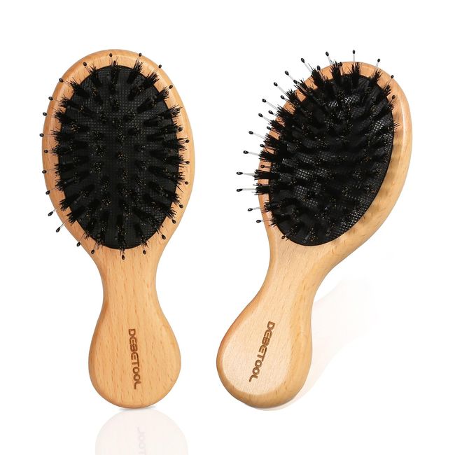 DEBETOOL 2Pack Mini Hair Brush for Women/Men/Kids - Wood Detangler Brush - Travel Small Paddle Brush set, suit for All Hair Types