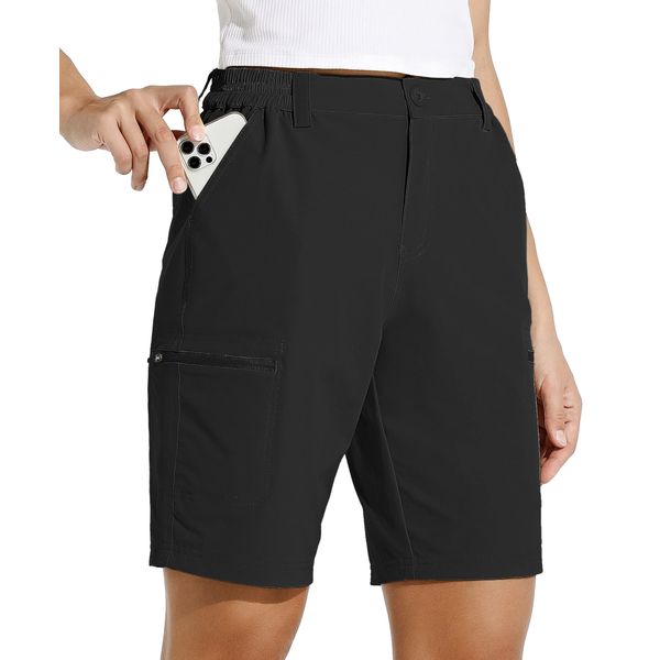 Willit Women's 10" Hiking Cargo Shorts Stretch Golf Active Long Shorts Quick Dry Outdoor Summer Shorts Black M