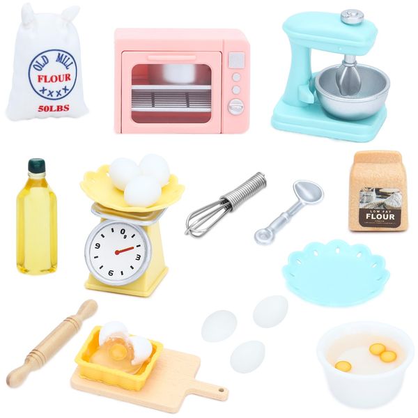 ONEST 26 Pieces Miniature Dollhouse Accessories Mini Stuff with Stand Mixer Kitchen Scale Flour Rolling Pin and Others for Dollhouse Kitchen Toys