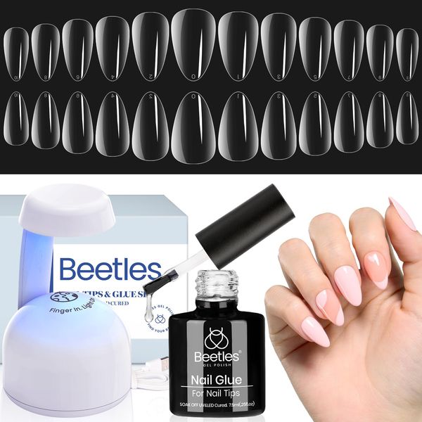 Beetles Gel Nail Kit Easy Nail Extension Set with 500Pcs Soft Gel Nail Tips Short Almond Shape 5 In 1 Nail Glue Base Gel and Innovative Uv Led Lamp Easy Diy Nails Art Home Acrylic False Nail Tips Kit