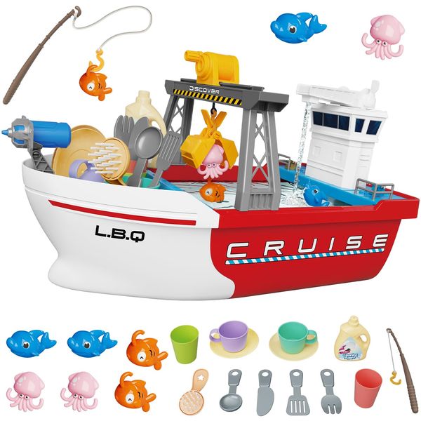 Leopmase Ship Toy, Toy Boats for Water Play, Kids Bath Toy with Mini Fishes & Tools Dolls, Bathtub Bathroom Pool Beach Toy Set for Toddlers Boys, Toy Boats for Pool