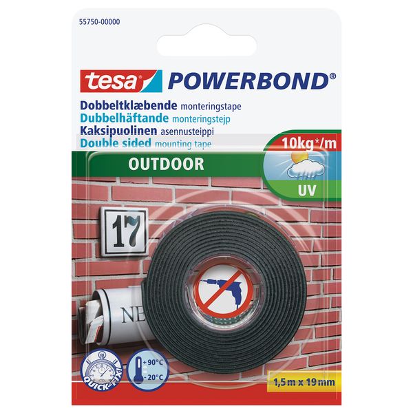 tesa Powerbond OUTDOOR - Double-Sided Mounting Tape for Outdoor Use - UV-, Water- and Temperature Resistant Adhesive Tape - Holds up to 1 kg per 10cm tape, 1,5m x 19mm