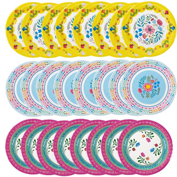 Talking Tables Boho Colourful Floral Paper Plates - 24 Pack Disposable Tableware for Kids Birthday Encanto Party Decorations, Hawaiian Theme, Summer Picnic, BBQ - 23cm,Blue,pink