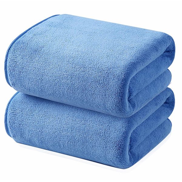 HOSUR Bath Towel, Absorbent 5x Microfiber, Blue, Large, 27.6 x 55.1 inches (70 x 140 cm), Set of 2, Quick Absorption in Fiber Gap, Quick Drying, Marshmallow Texture, Fluffy, Soft to the Touch,