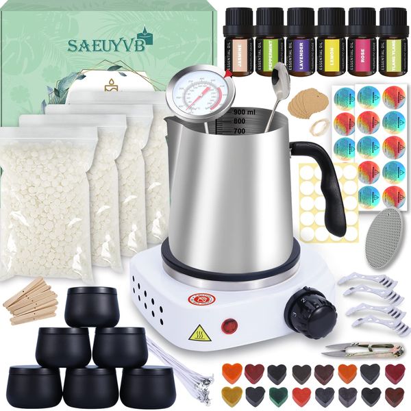 SAEUYVB Candle Making Kit,Easy to Make Colored Candle Soy Wax Kit,Including Soy Wax, Wicks,Melting Pot, Tins and More