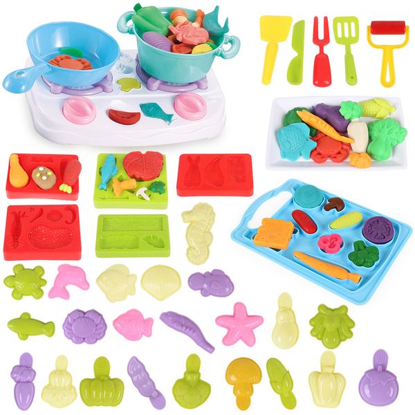 HASAYAQI Kids Play Dough Play Food Set, Stovetop Play Do Kitchen Accessories, Kitchen Creations Toy,Pretend Play Cooking Game, Educational Toddler Toys,Gift for Kids Ages 4-8