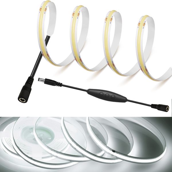 Rye LED Strip Light DC 12V COB Tape Light Suit Flexible, High Density LED Tape Light, 12.8 ft (4.5 m), 320 LEDs/m, White Light 6000K, 180° Luminescent CRI>=90, Power Cord Switch, 5 Level Dimming, 17.7 inches (45 cm), Double Sided Tape Transformable, Cutab