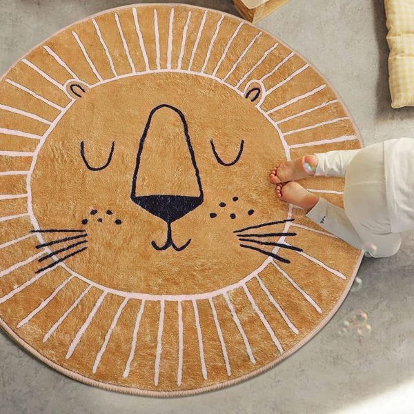 Cartoon Round Rug Kids Playmat Brown Lion Bedroom Rug Children Crawling Carpet Non-slip Rug Washable Non Shedding 80CM