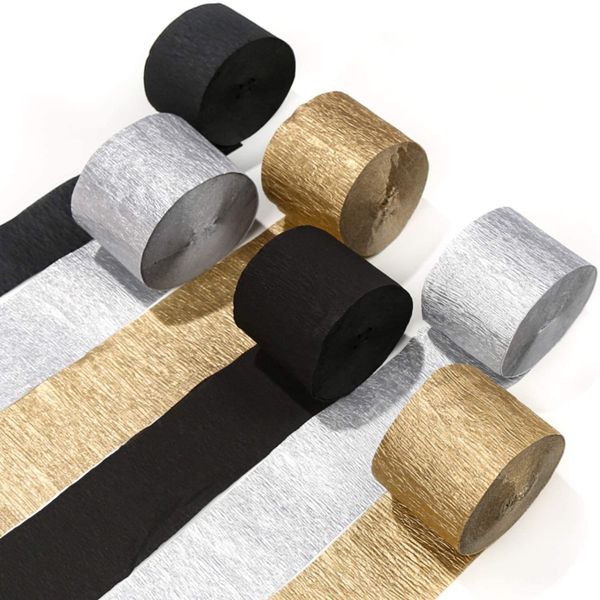 PartyWoo Crepe Paper Streamers 6 Rolls 492ft, Pack of Gold, Silver and Black Party Streamers for Party Decorations, Birthday Decorations, Wedding Decorations (1.8 Inch x 82 Ft/Roll)