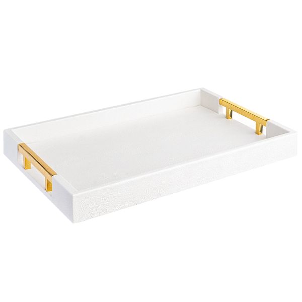 Modern Elegant 18"x12" Rectangle White Glossy Shagreen Decorative Serving Tray with Gold Polished Metal Handles by Home Redefined for All Occasion's