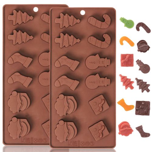 ZTHapwa Chocolate Molds Silicone Christmas, Small Silicone Molds with 6 Shapes of Santa/Stockings/Tree/Candy Cane/Snowman/Xmas Box, Mini Candy Mold for Gummy/Fudge/Jelly/Fruit Snacks, 2 Pcs