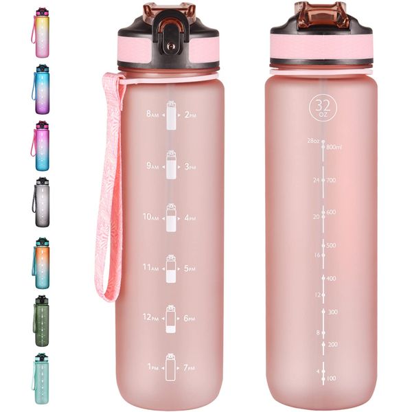 NAVTUE Sports Water Bottle 1L, Gallon Water Bottles with Straw, Leak Proof Tritan Drinks Bottle BPA Free for Fitness/Cycling/Camping/Running,Rose Gold