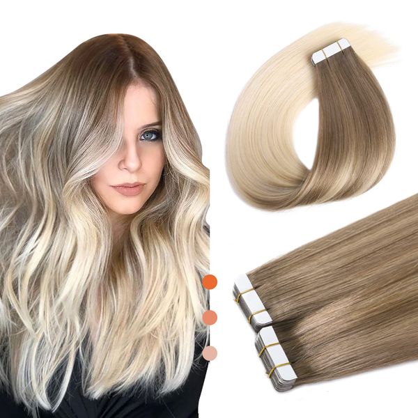 XDhair Tape Extensions Echthaar Aschebraun bis Platinblond 20pcs 50g 50cm Tape in Extensions Echthaar Invisible Tape in Extensions Echthaar Seidig Gerade Skin Weft Tape Ins (#8T/60-20)