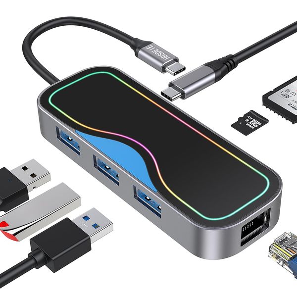 HRSDEIE USB C Hub Multiport with Gigabit Ethernet Adapter, 7-in-1 USB C Dock with 100W PD Charging, 3 USB 3.0 Ports, 1Gbps Ethernet to USB-C, SD/TF, USB Splitter for Laptop,MacBook, Surface, XPS, iMac