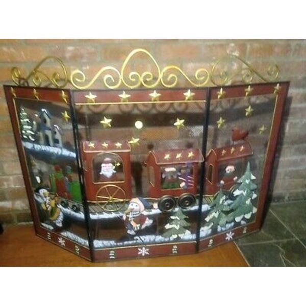 3D Trifold Metal Christmas Santa Train Fireplace Screen,  Trees, Snowman, Bird