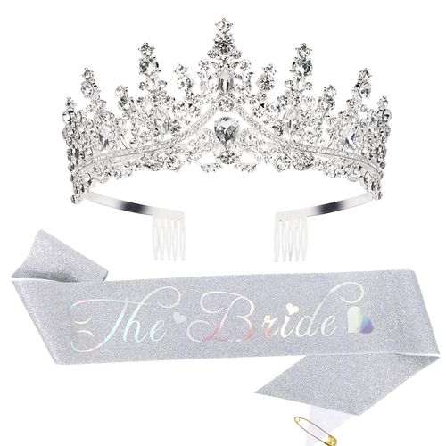 Casoty Silver Bride to Be Sash & Tiara Kit, Bachelorette Party Supplies, Bachelorette Sash, Bride Tiara for Bridal Shower, Bride Sash Set for Bridal Party Shower Wedding
