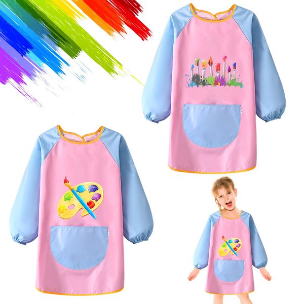 2 Pieces Childs Waterproof Apron, Waterproof Painting Smock with Long Sleeve and Pocket Age 6-12 Years, Kids Art Aprons, Children's Paint Aprons for Painting, Baking, Cooking, School