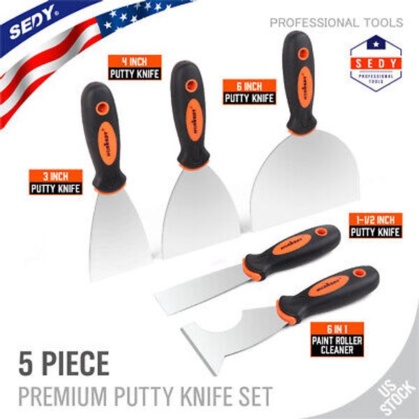 5 Putty Knife Set Stainless Steel 1.5" 3" 4" 6" 6in1 Drywall Knife Painter Tool