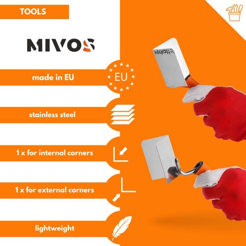 Mivos 2 x Corner Trowel Stainless Steel 80 x 60 mm - Inner Corner Trowel and Outer Corner Trowel Made of Stainless Steel - Inside and Outside Edge Trowel with Soft Grip - Corner Spatula Made in EU