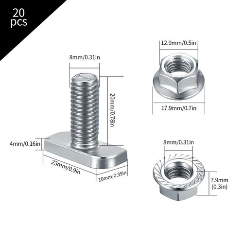T Slot Bolts, M8 x 20mm Hammer Head Bolt T Screws, 20 Pcs T-Slot Track Bolts with 20 Pcs Hexagon Flange Nuts for Aluminum Profile, Photovoltaic Solar Panels, Stainless Steel Nickel Plated