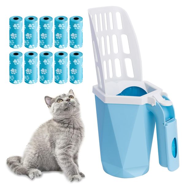 Austepax Cat Litter Scoop - Integrated Litter Scooper with Litter Box, Removable Deep Shovel and Large Capacity Waste Container - Sturdy and Durable, Easy to Clean and Use(150 Bags)