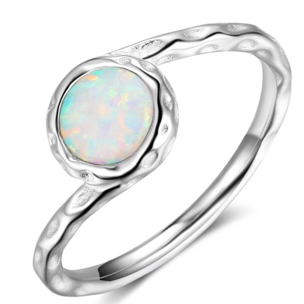 JUDE 92 Sterling Silver Hammered Created Opal Wave Solitaire Wedding Engagement Ring (U)