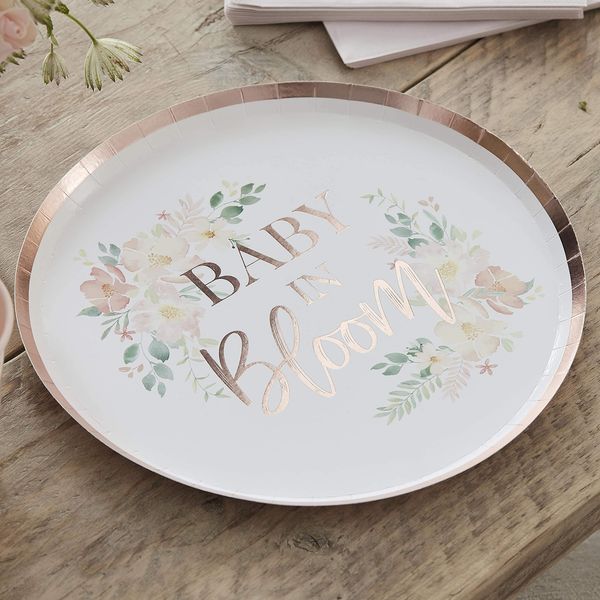 Ginger Ray Shower Rose Gold Foiled 'Baby in Bloom' Paper Party Plates 8 Pack | Baby Shower Rose Gold Foiled 'Baby in