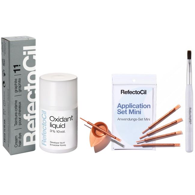 RefectoCil Graphite (#1.1) Hair Tinting Kit Includes Cream Hair Dye + Liquid Oxidant 3% + Application Set & Mixing Dish