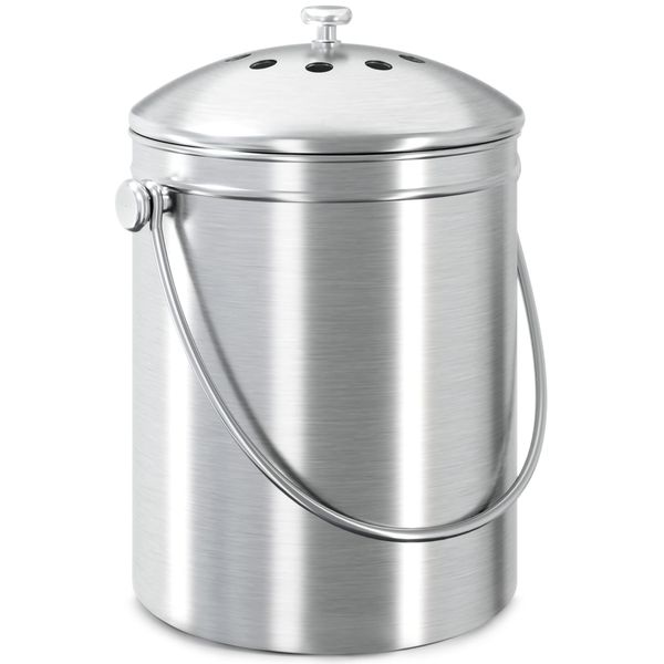 Utopia Kitchen Compost Bin for Kitchen Countertop - 1.3 Gallon Compost Bucket for Kitchen with Lid - Includes 1 Spare Charcoal Filter (Silver)