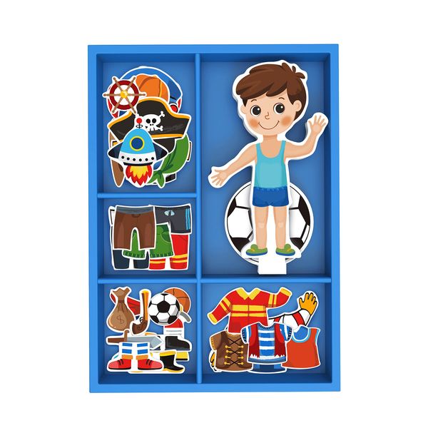 Toysters Magnetic Wooden Dress-Up Boy Doll Toy | Pretend Play Set Includes: 1 Wood Doll with 30 Assorted Costume Dress Ideas | Not Your Average Paper Doll | Great Gift Idea for Little Boys 3+ (PZ650)