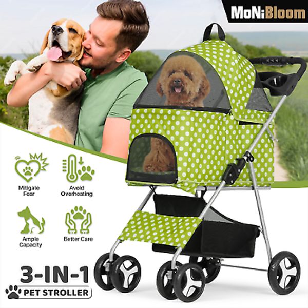 4 Wheels Pet Stroller Portable Dog Stroller Removable Travel Carrier+Cup Holder