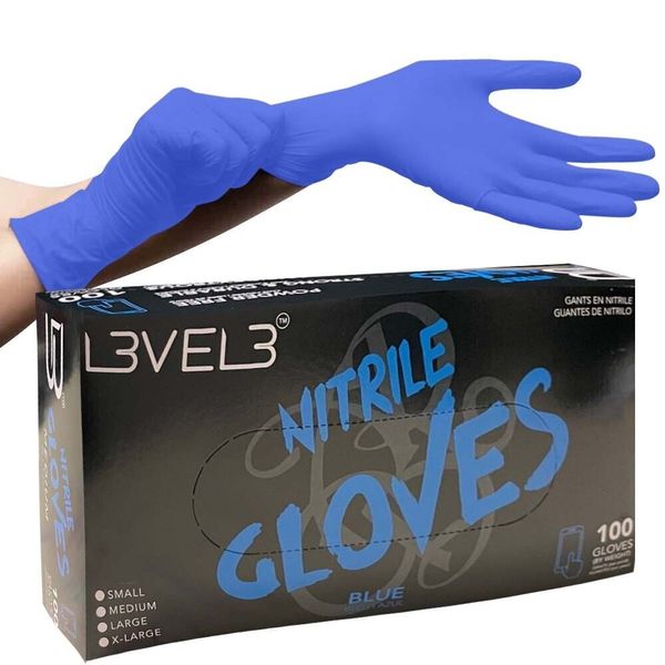 BARBER SALON BEAUTY L3VEL3 HAIR NITRILE DISPOSABLE GLOVES LARGE 100 PC BLUE