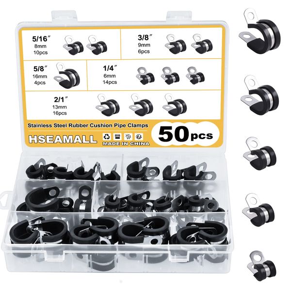 HSEAMALL Stainless Steel Rubber Lined P Clips, Hose Pipe Clamps 5 Size Metal Wire Cable Clamp Kit (50 PCS)