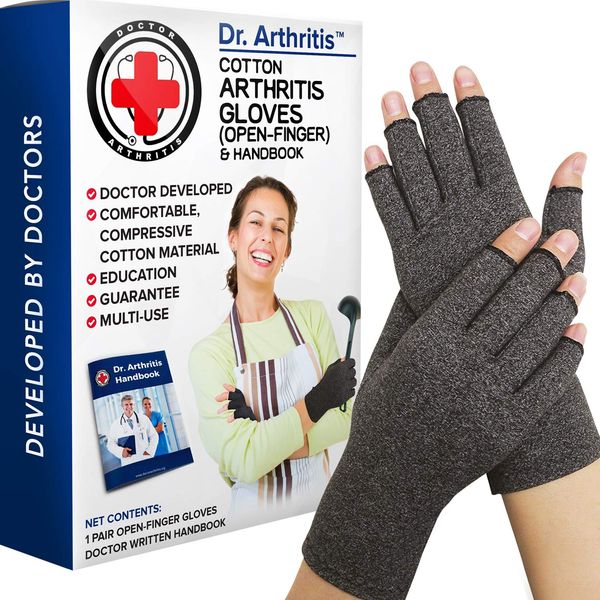Doctor Developed Gloves For Arthritis Hands For Women & Men - Arthritis Gloves Without Fingertips Carpal Tunnel Compression Gloves For Swelling & Arthritis W/Dr Written Handbook Grey, XS