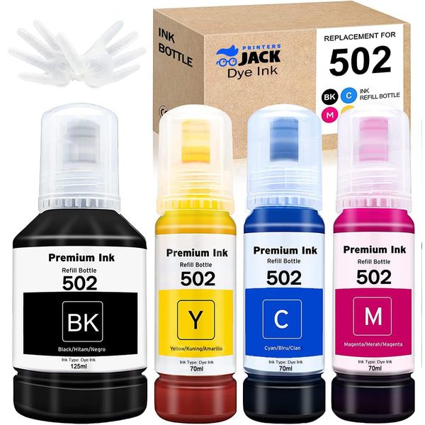 Printers Jack Compatible 502 T502 Refill Ink Bottles Replacement for EcoTank ET-2750 ET-3750 ET-4750 ET-2760 ET-3760 ET-4760 ET-2700 ET-3700 ET-3710 ET-15000 ST-2000 ST-3000 ST-4000 Printer