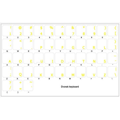 Dvorak Simplified New Keyboard Decals with Yellow Lettering ON Transparent Background for Desktop, Laptop and Notebook