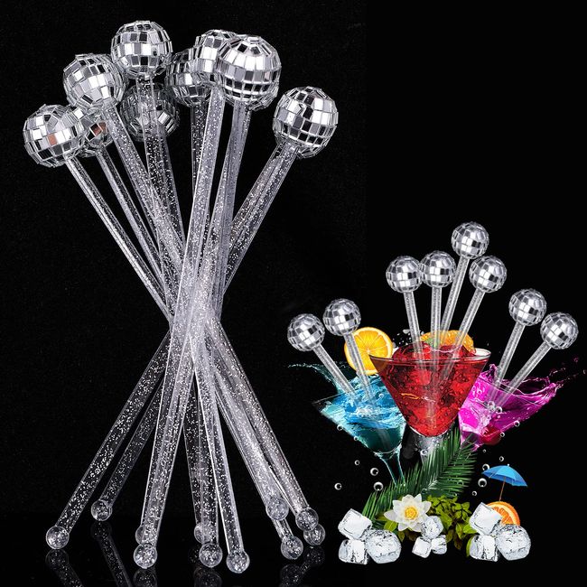 12 Pieces Cocktail Stirrers, Disco Balls Drink Stirrer Plastic Round Top Swizzle Sticks Drink Mixing Stirrers Mirror Disco Ball Drink Stirrer for 70s 80s Disco Party Home Bar Coffee Shop Use