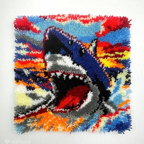 veirousa Shark Latch Hook Kits for Adults, Beginners DIY Hooked Throw Pillow Kit Pre-Printed Pillowcase Hook and Latch Rug Kits Cross-Stitch Cushion Cover for Home Sofa Decoration 17x17 inch